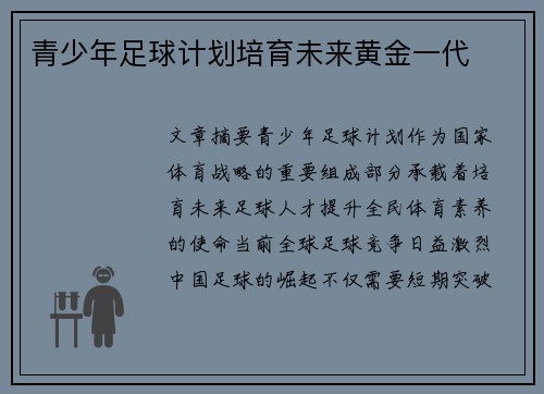 青少年足球计划培育未来黄金一代