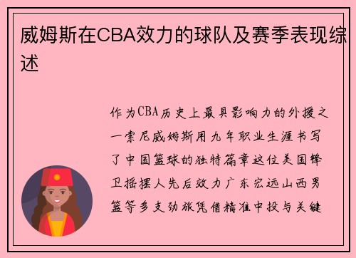 威姆斯在CBA效力的球队及赛季表现综述